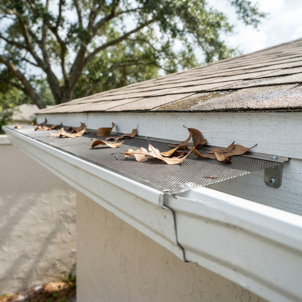 Seamless gutter fitted with a mesh leaf guard on a Florida home