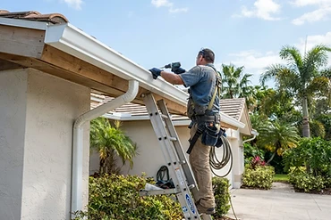 Installer hanging a seamless aluminum gutter run on a Florida home