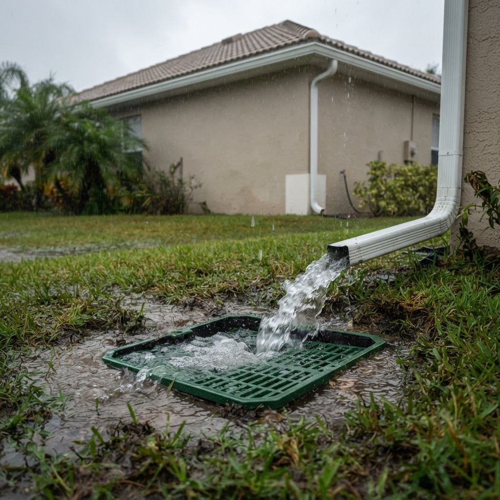 Rainwater flowing from a downspout into a stormwater catch basin in a Florida yard