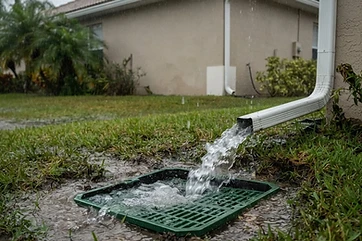 Rainwater flowing from a downspout into a stormwater catch basin in a Florida yard
