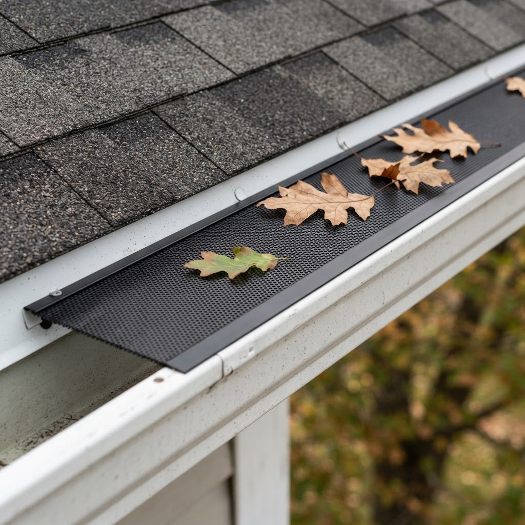 Micro-mesh leaf guard installed over an aluminum gutter