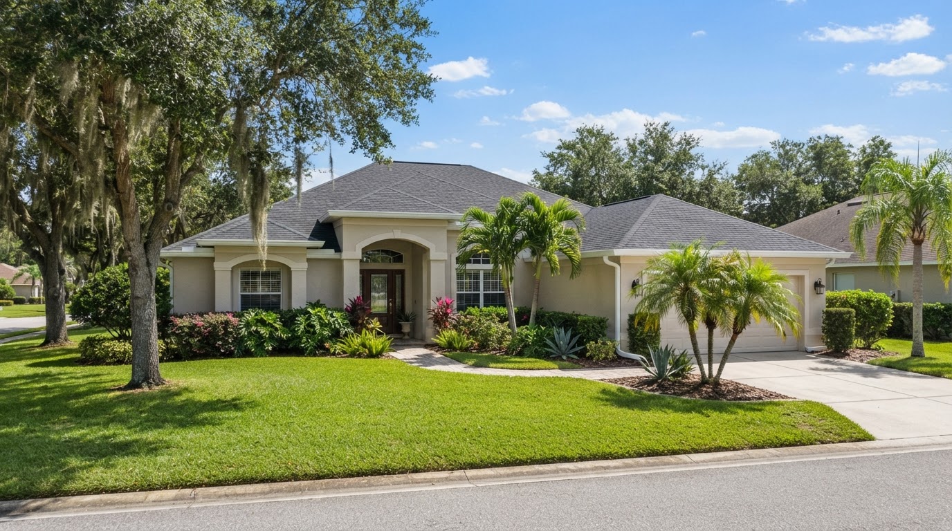 Florida home with new white seamless aluminum gutters installed along the roofline