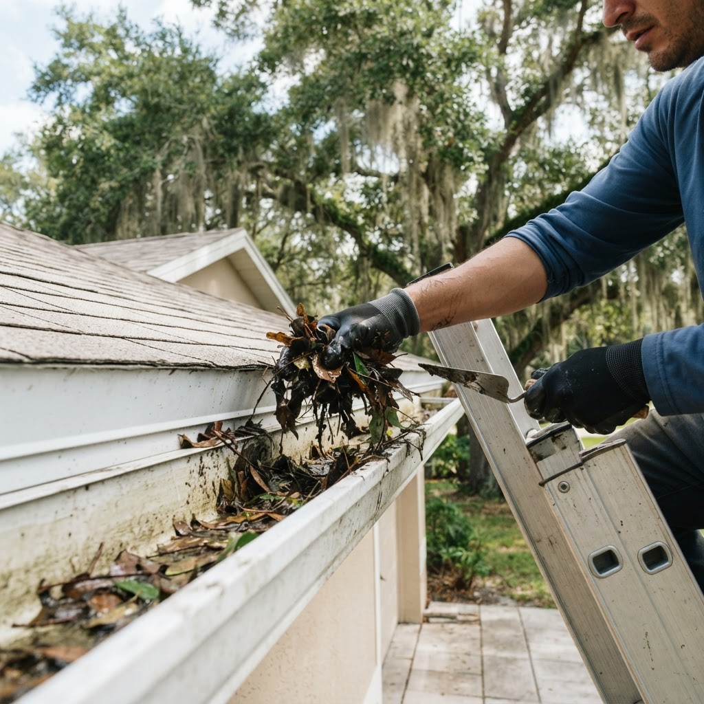 Technician clearing live oak leaves out of a gutter during a professional cleaning