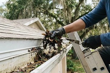 Technician clearing live oak leaves out of a gutter during a professional cleaning