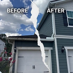 Before and after of a debris-packed, rusted gutter replaced with new white seamless gutter and downspout on a two-story home