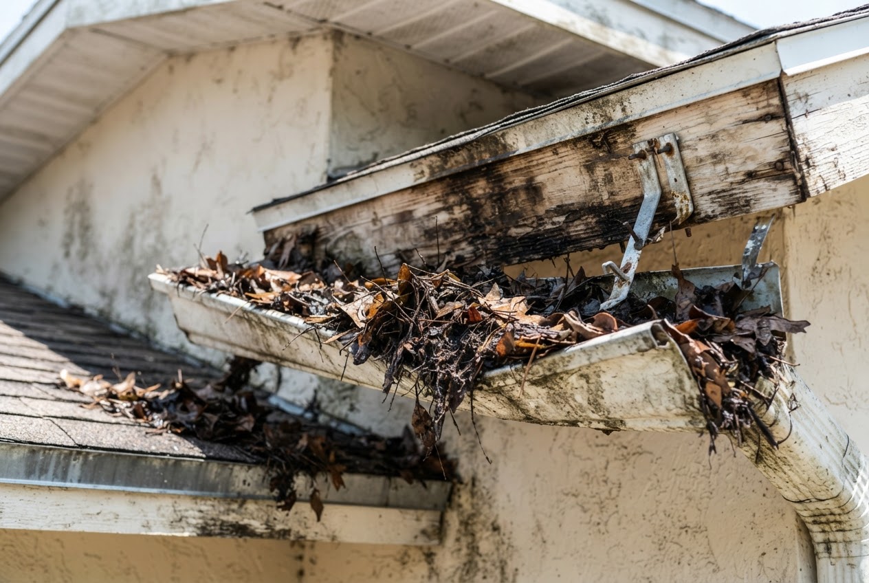Aging gutter with debris and a stained fascia board before repair