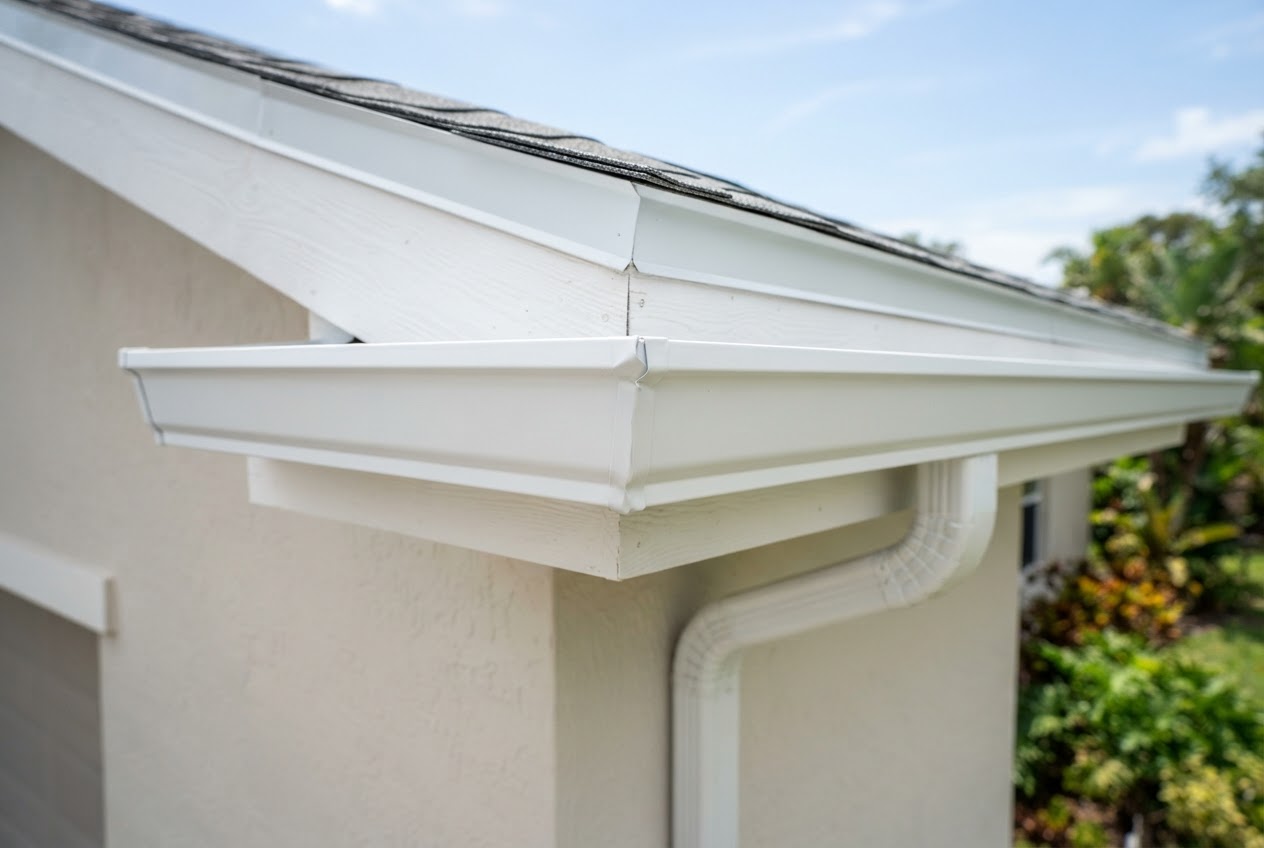 New white seamless aluminum gutter installed on a Florida roofline