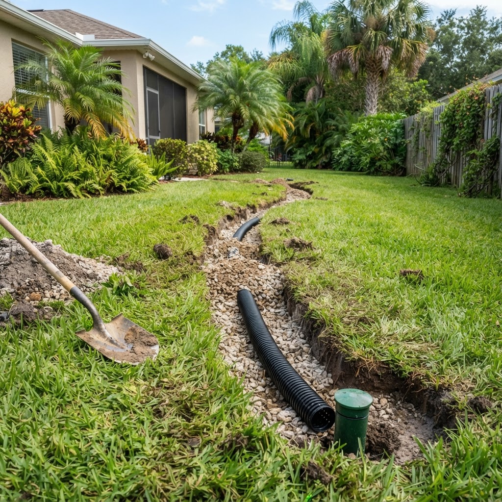 Yard drain pipe being laid in a gravel trench across a Florida lawn