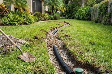 Yard drain pipe being laid in a gravel trench across a Florida lawn