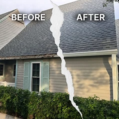 Before and after of a sagging gutter full of leaves replaced with a clean white gutter run along a garage