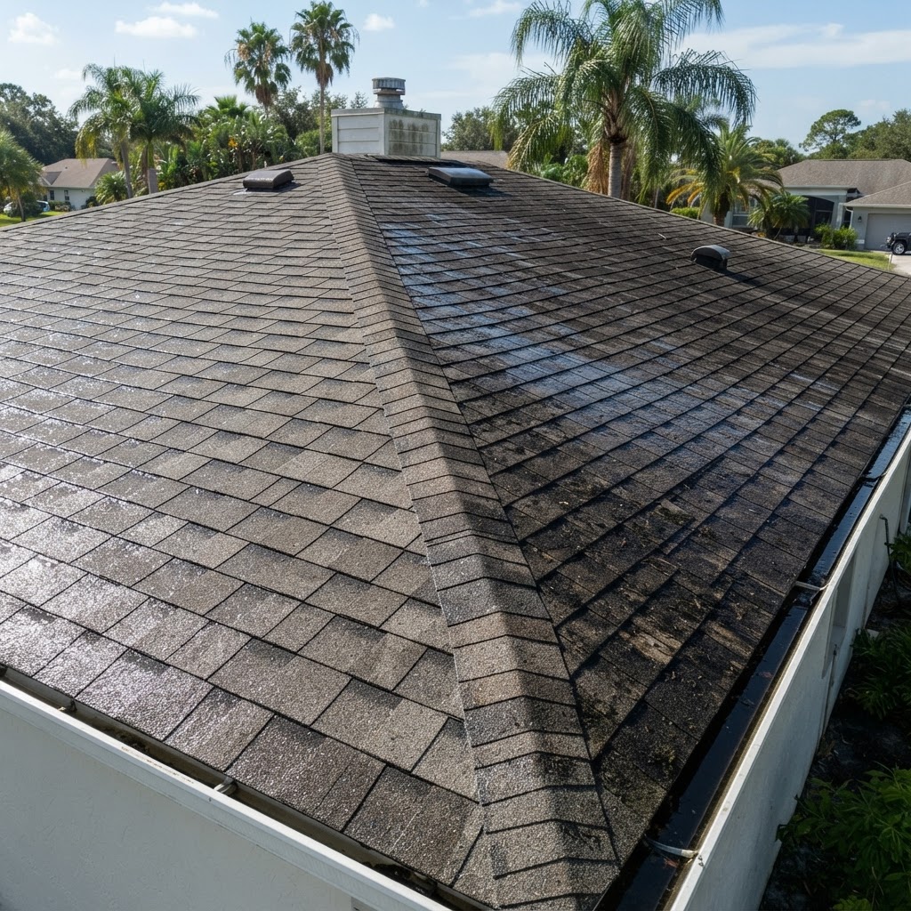 Shingle roof mid soft wash, clean section beside algae-streaked shingles