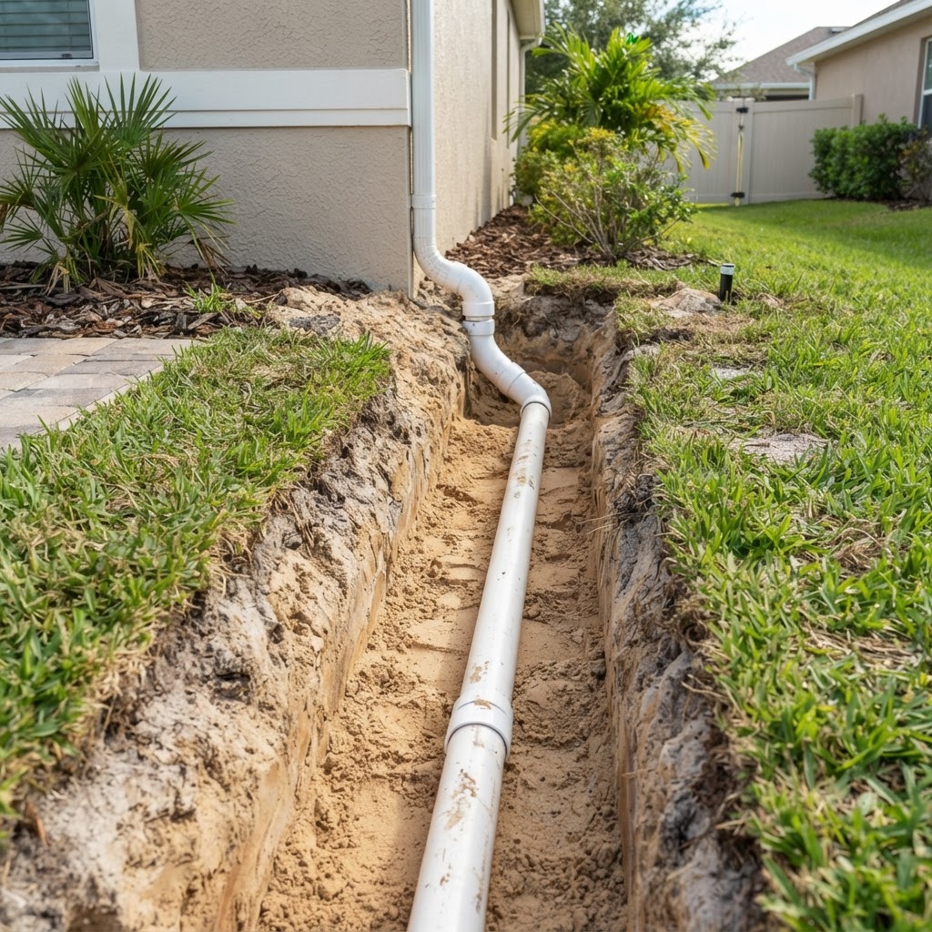 Solid PVC hard-pipe drainage line laid in an open trench beside a foundation