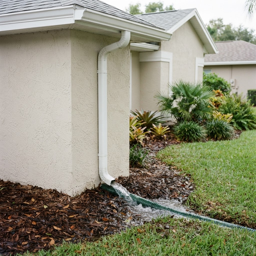 Downspout connected into an underground stormwater drainage pipe