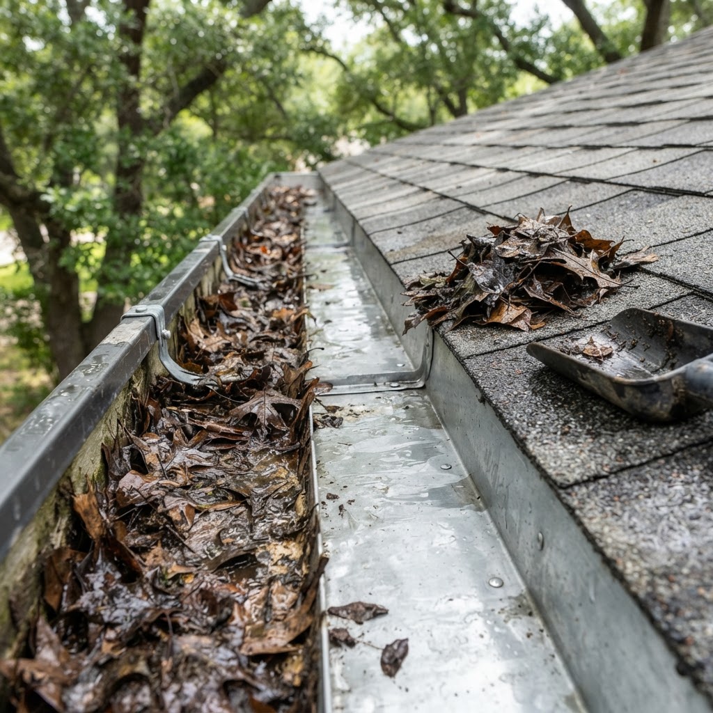 Gutter being cleared of wet live oak leaves and debris