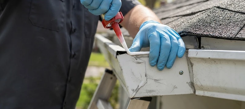 Resealing an aluminum gutter end cap seam on an Austin-area home