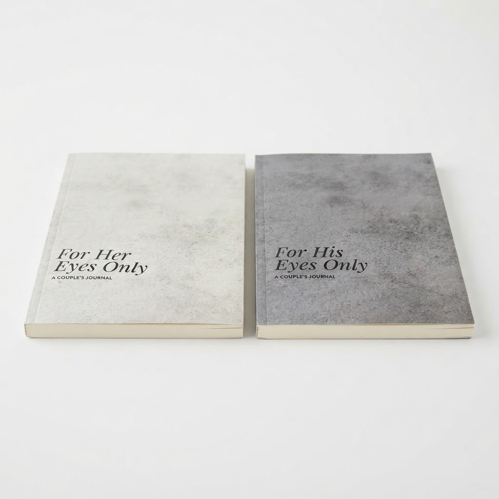 For Her Eyes Only and For His Eyes Only journals resting together in natural light