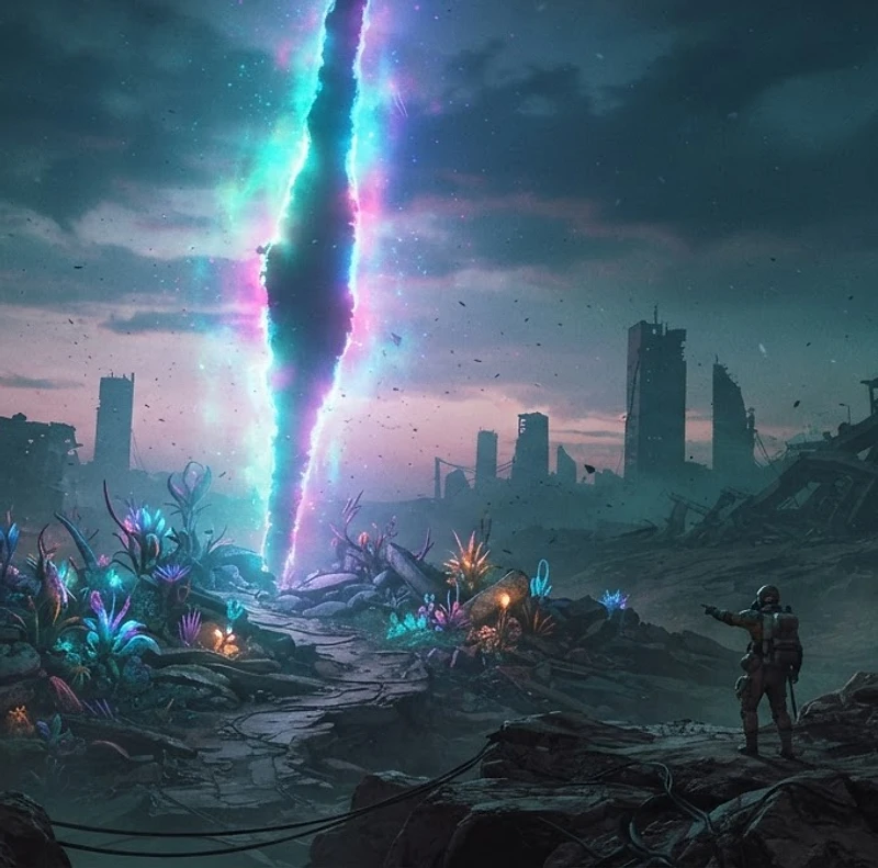A glowing tear in reality over a ruined landscape