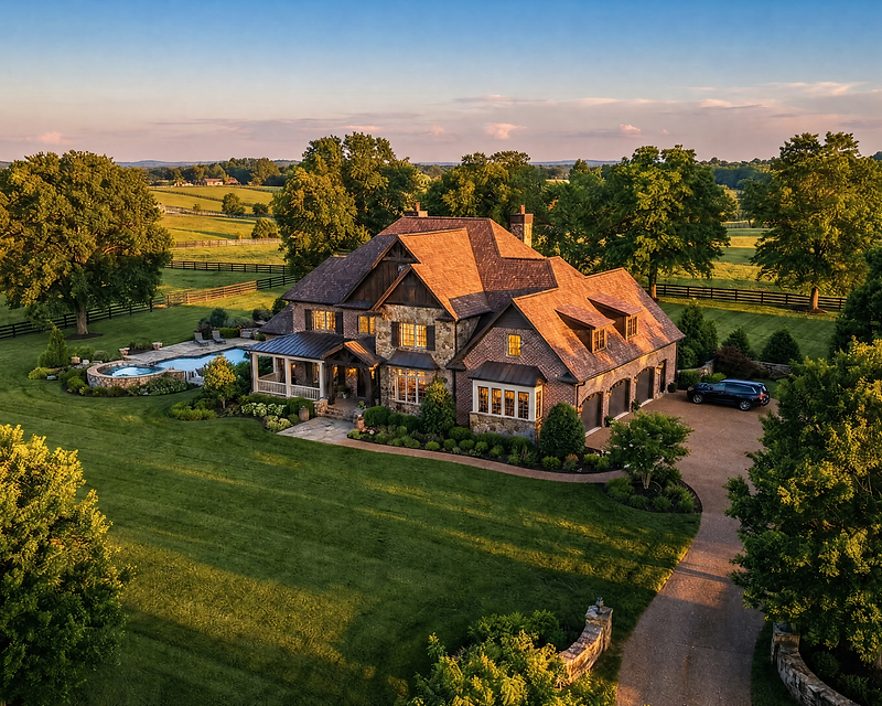 An upscale Kentucky home at golden hour, its full gabled roofline glowing in raking side light