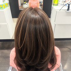 Dark brown hair with reddish-brown highlights in soft layers curving inward at the ends