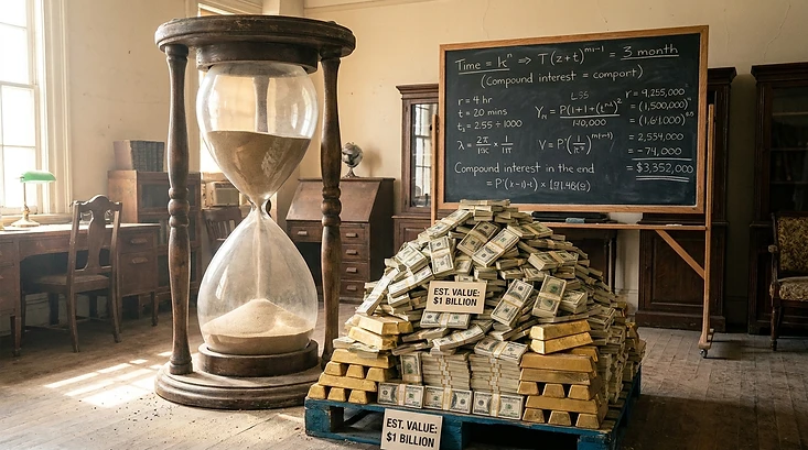 How long to spend one billion dollars — hourglass and cash pile calculation
