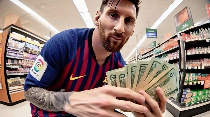 Lionel Messi holding a fan of US dollar bills in a supermarket, representing his reported spending power in America