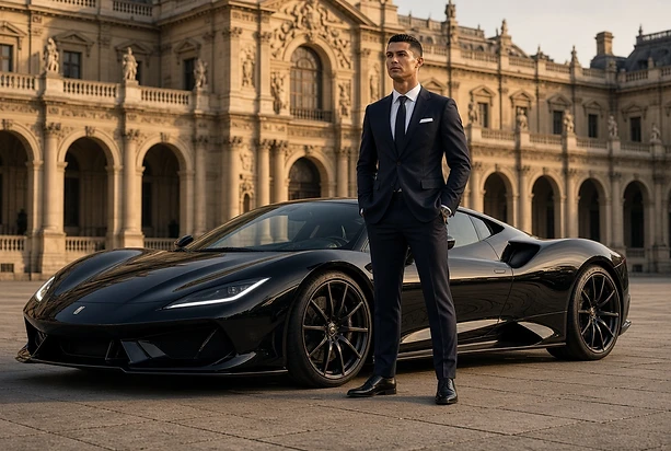 Cristiano Ronaldo net worth 2026 — luxury lifestyle portrait beside a sports car
