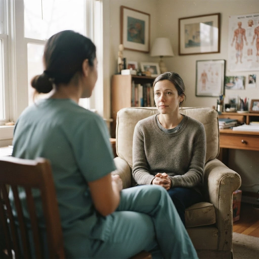 A nurse, seen from behind, talking with a seated patient who faces the camera