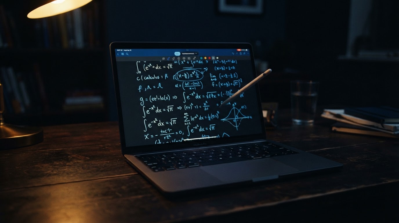 Laptop displaying handwritten mathematics under warm lamp light
