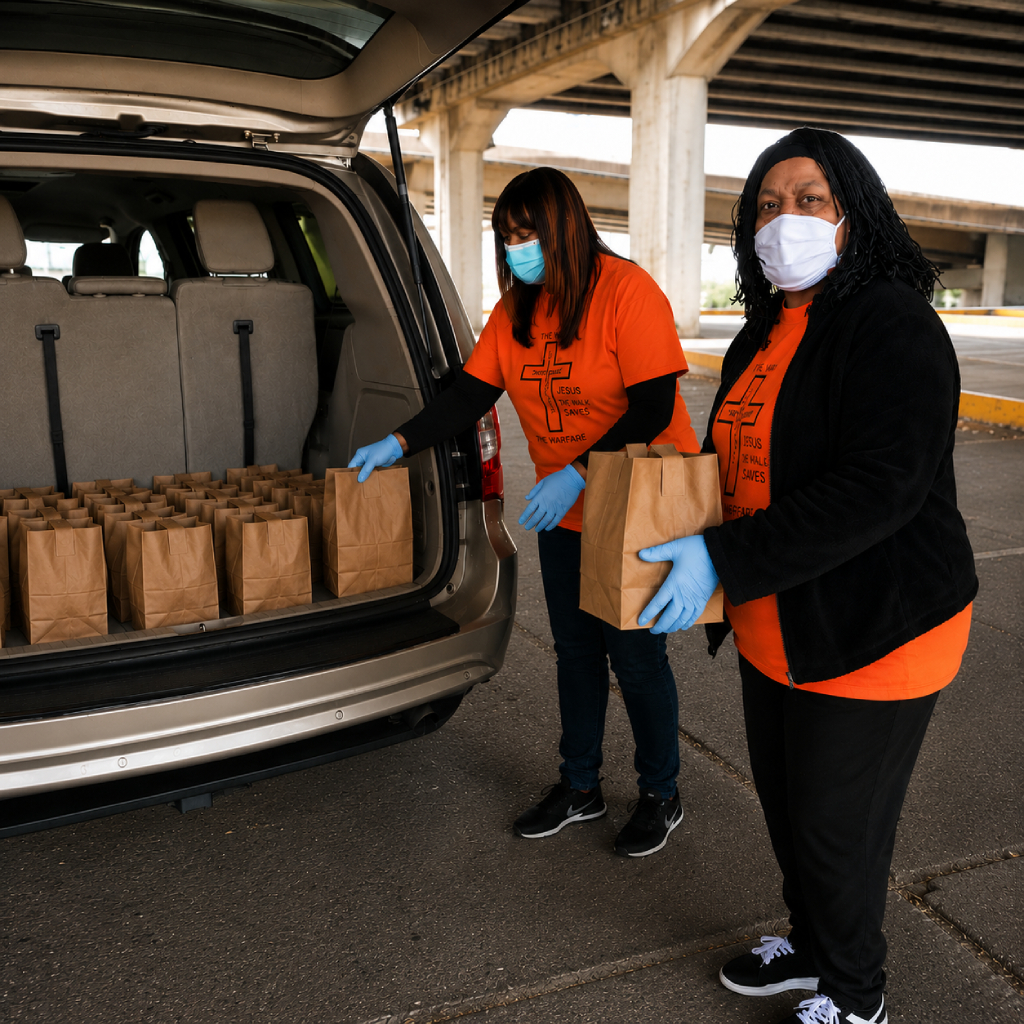 Two women in orange volunteer shirts distributing bags of food at a community outreach