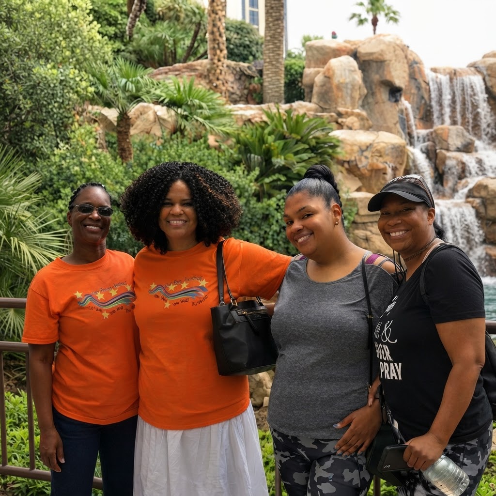 Four women posing together outdoors by a rock waterfall at a special occasion