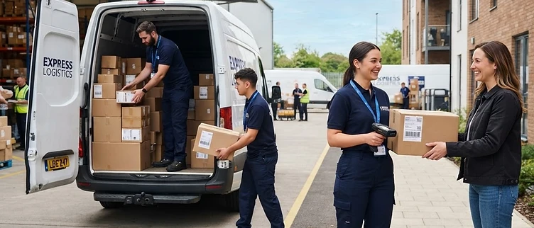 Couriers loading a delivery van and handing over a parcel