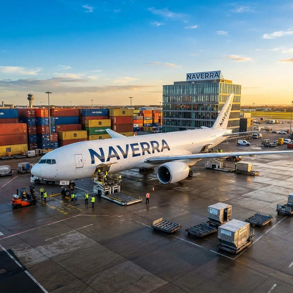 Cargo plane flying over an international shipping port with containers and ships