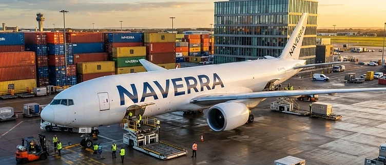 Cargo plane flying over an international shipping port with containers and cranes