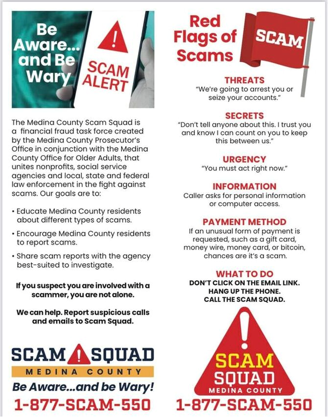 Medina County Scam Squad scam awareness flyer with red flags of scams and the 1-877-SCAM-550 hotline