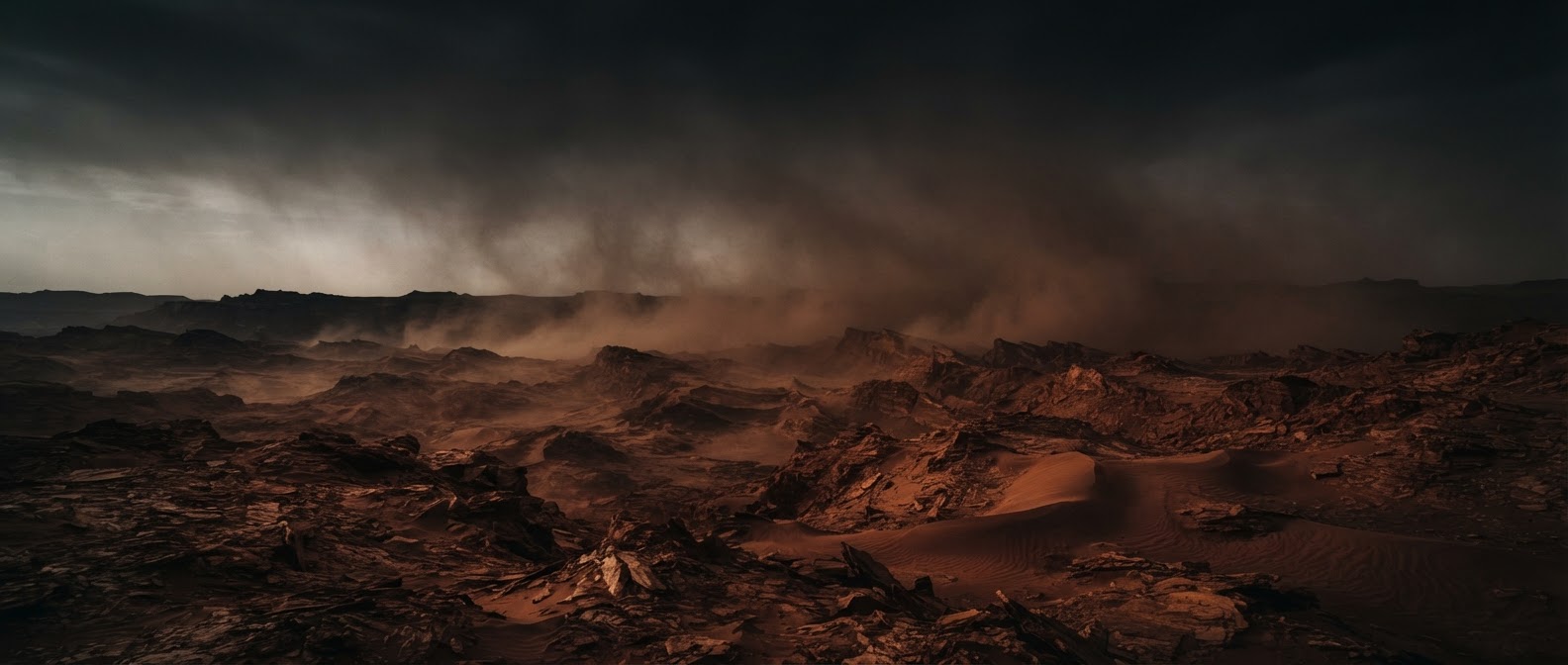 Mars yüzeyinde toz fırtınası, sinematik geniş açı manzara