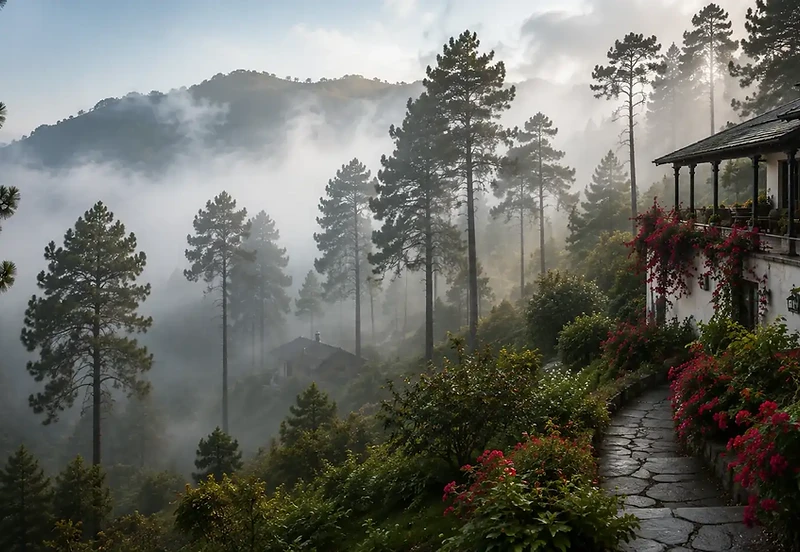 A colonial bungalow half-hidden in mist and pine forest at Subathu