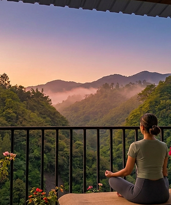 Morning yoga on the east-facing terrace overlooking the Himalayan hills