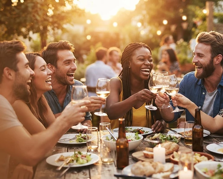 Friends laughing together over a golden-hour dinner