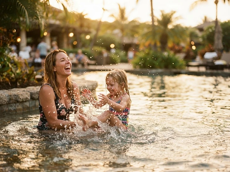 A mom laughing with her child in a pool
