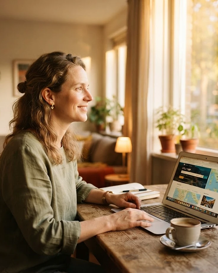 A mom relaxing with coffee, planning her next trip