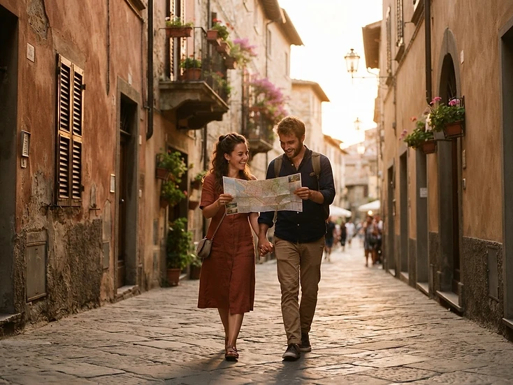 A couple exploring a sunlit city alley together