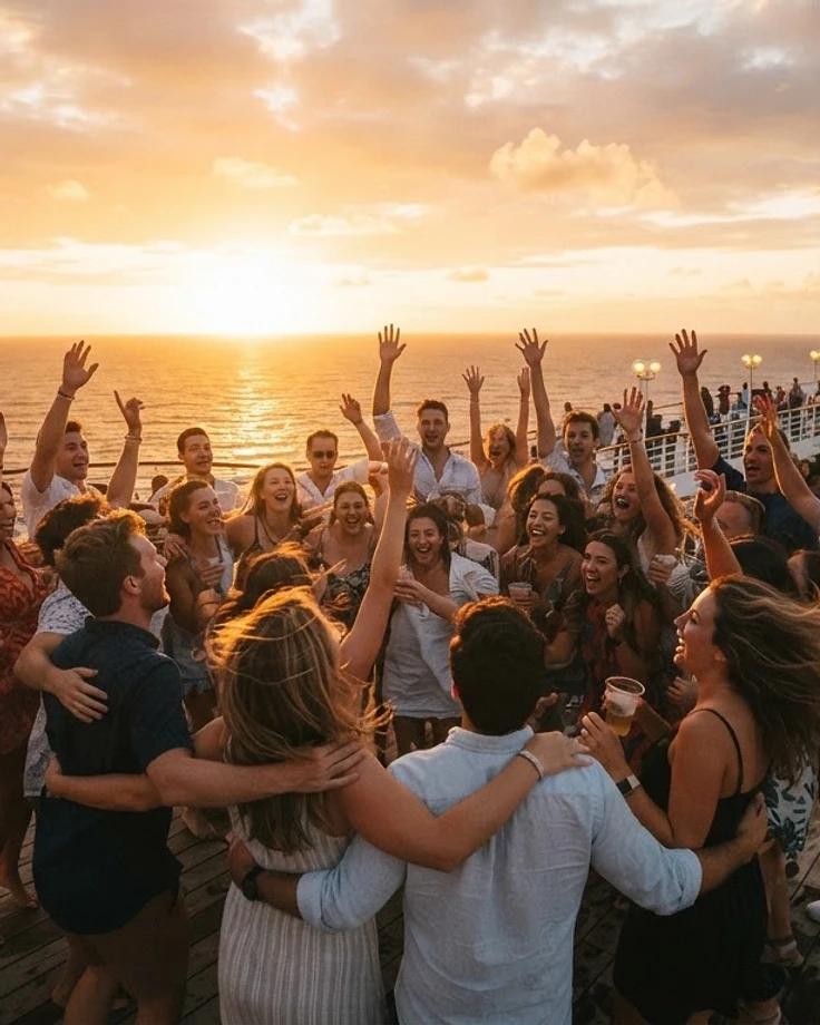 A group of friends celebrating on a cruise deck at sunset