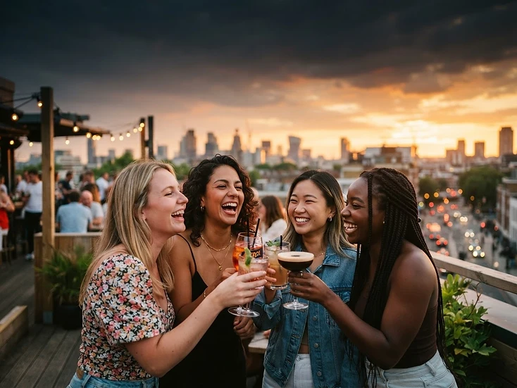 Friends toasting cocktails on a rooftop at sunset