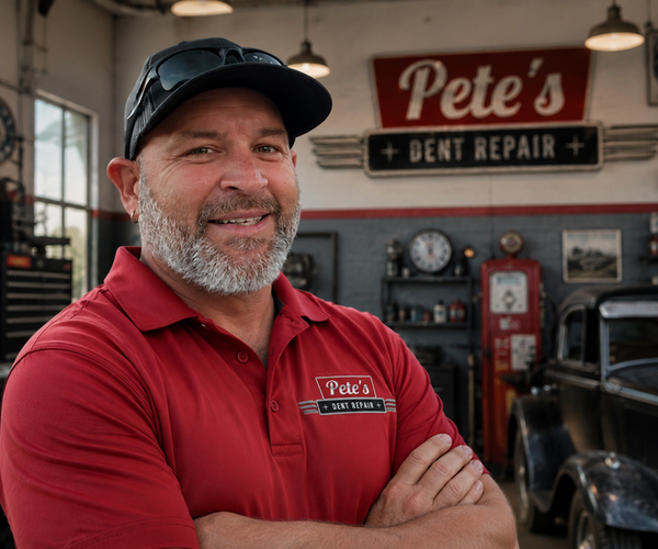 Pete Juarez performing paintless dent repair on a vehicle at his shop in Bartow, FL