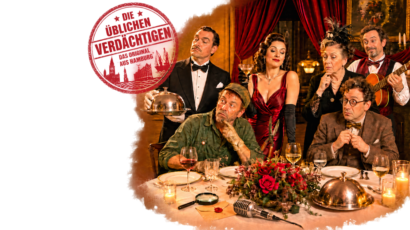 Comedy-Krimidinner-Ensemble bei einem festlichen Dinner – Das Original aus Hamburg