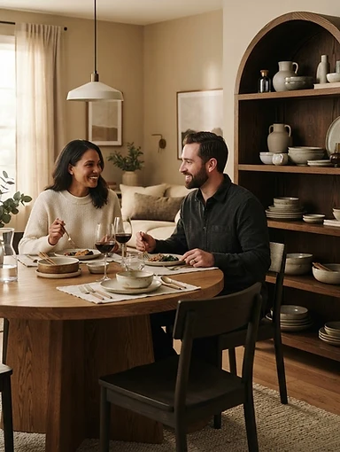 A couple sharing a quiet moment at a warm wooden dining table