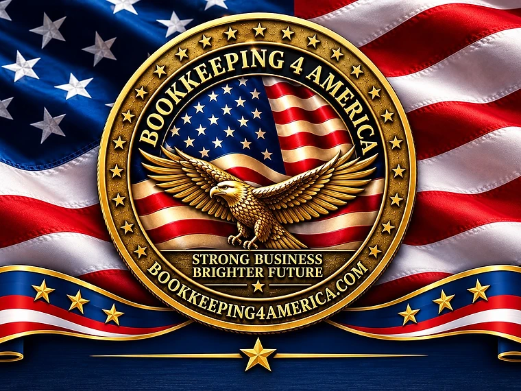 Bookkeeping 4 America challenge coin emblem on American flag background