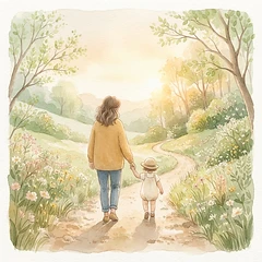 親御さんとお子さんが一緒に自然を歩いている様子