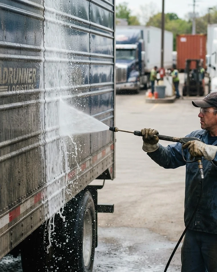 Pressure washing a semi truck