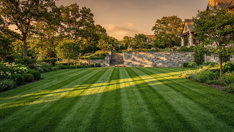 Manicured lawn with mowing stripes at golden hour in Skiatook, OK - Thomas Lawn and Landscape